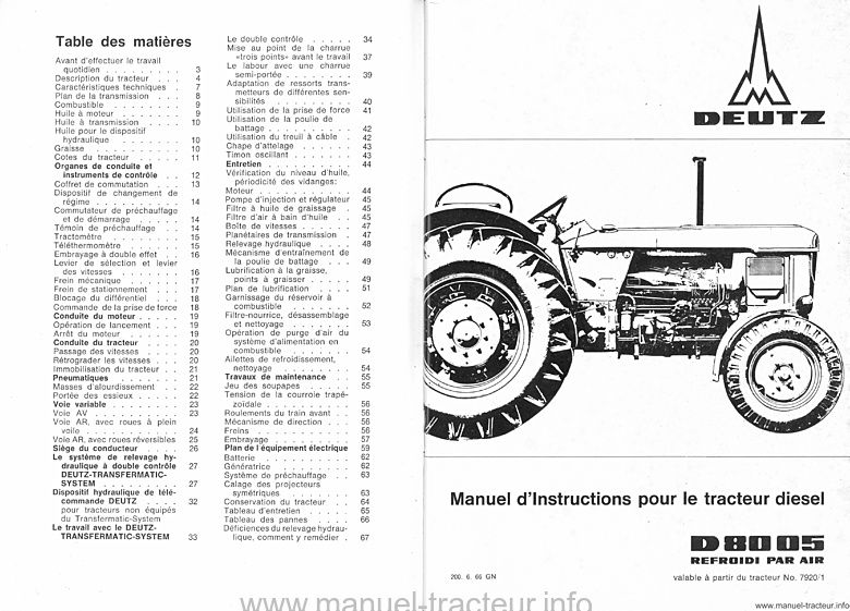 Deuxième page du Manuel d'instruction pour le tracteur Diesel D 8005