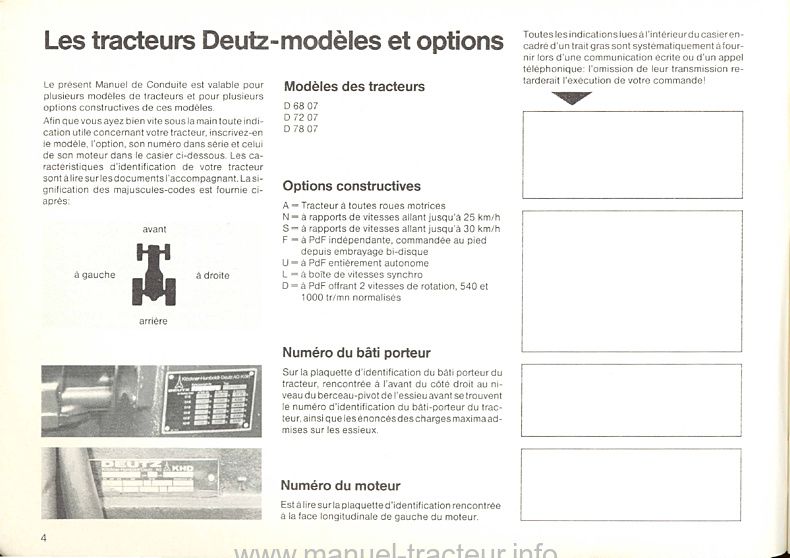 Sixième page du Manuel d'instruction pour les tracteurs Diesel D 6807, 7207 et 7807