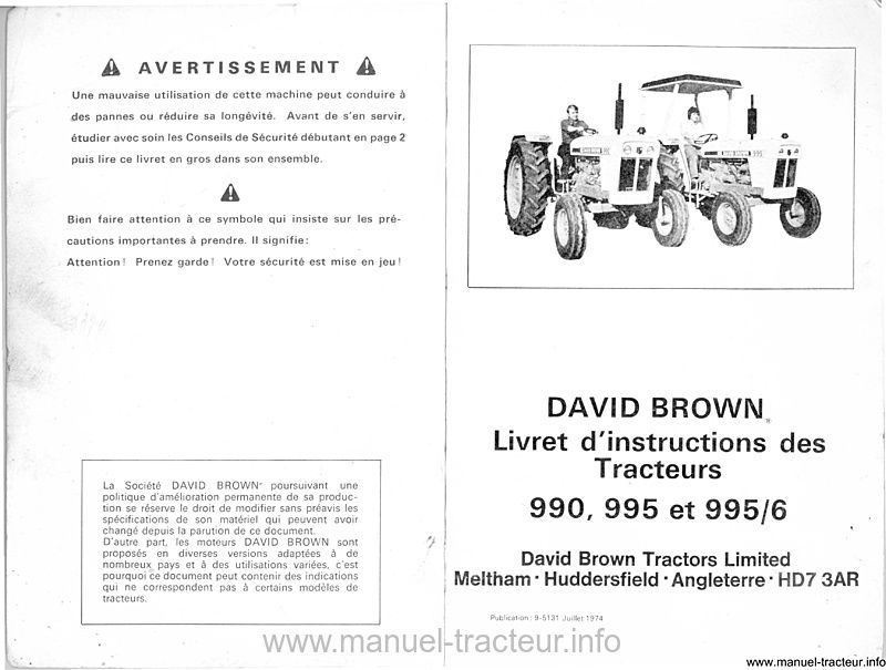 Deuxième page du Livret d'instructions tracteurs David Brown 990, 995 et 995/6 