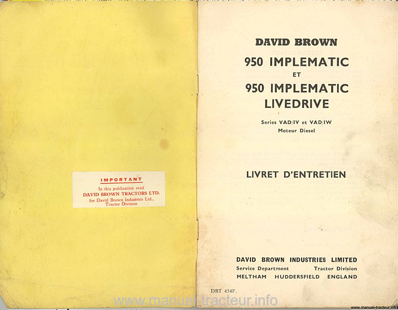 Deuxième page du Livret d'instructions tracteurs David Brown 950 Implematic / LiveDrive