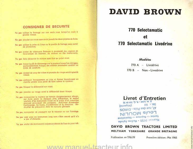 Deuxième page du Livret d'entretien des tracteurs David Brown 770 Selectamatic et Selectamatic Drive