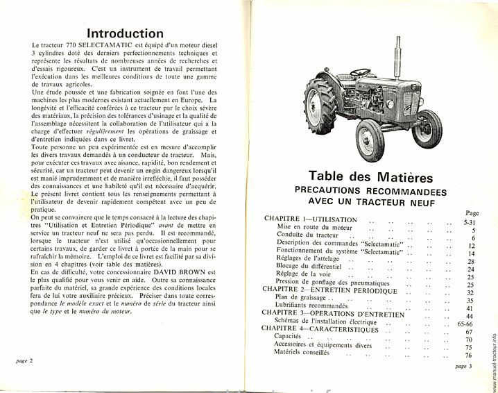 Troisième page du Livret d'entretien des tracteurs David Brown 770 Selectamatic et Selectamatic Drive