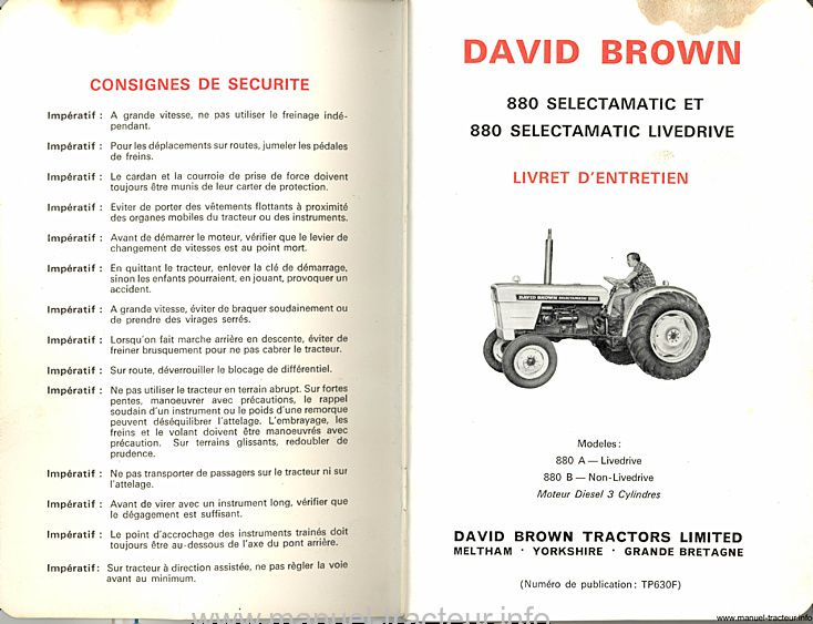 Deuxième page du Livret d'instructions tracteurs David Brown 880 Implematic et Implematic Drive