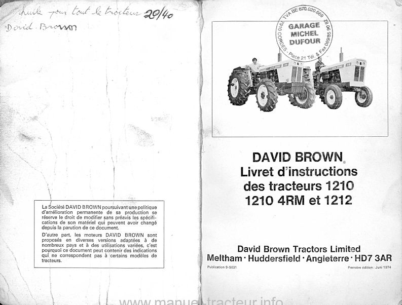 Deuxième page du Livret d'instructions tracteurs david brown 1210 4RM et 1212