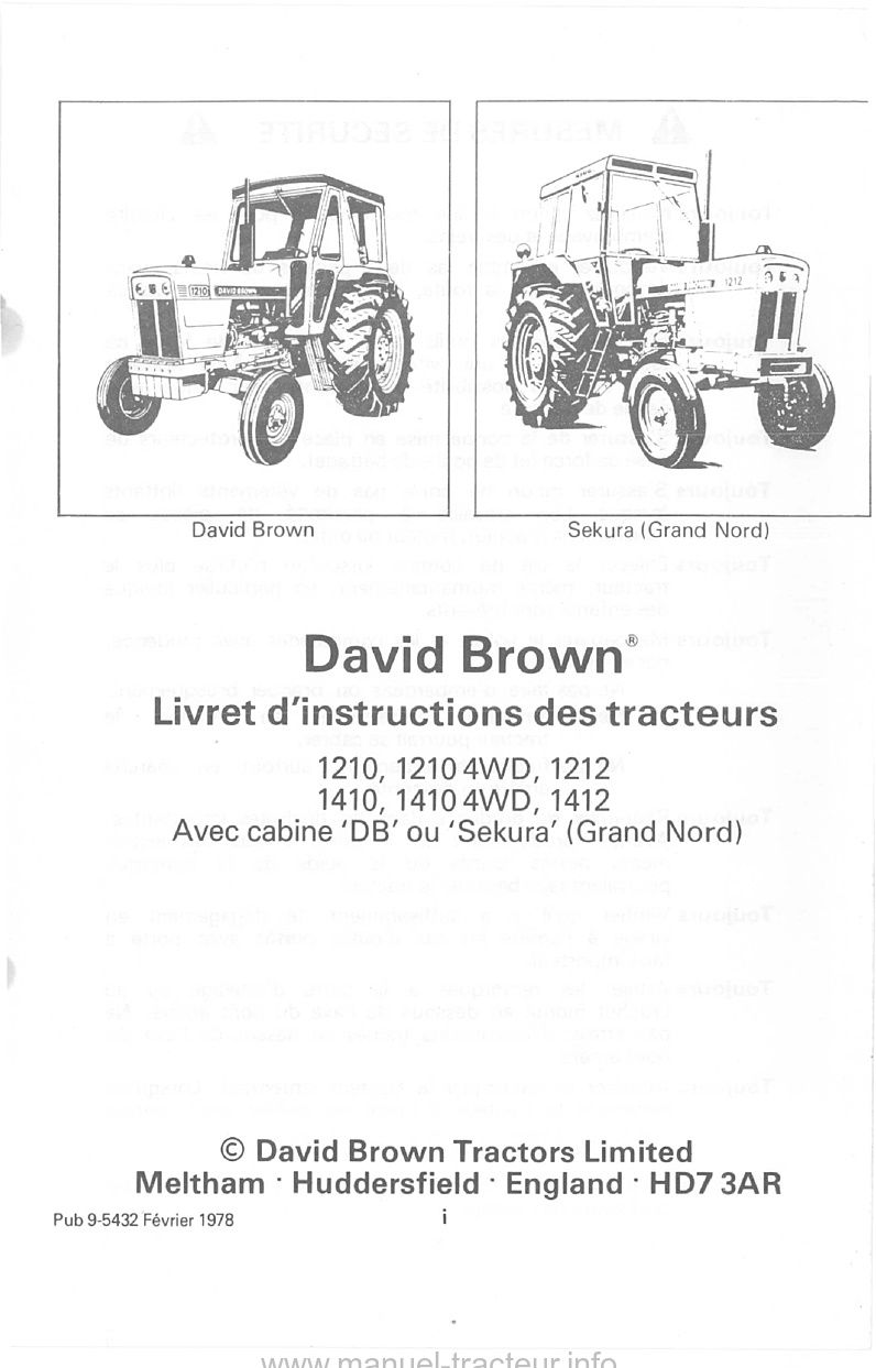 Troisième page du Livret d'instructions tracteurs david brown 1210, 1210 4WD, 1212, 1410, 1410 4WD, 1412