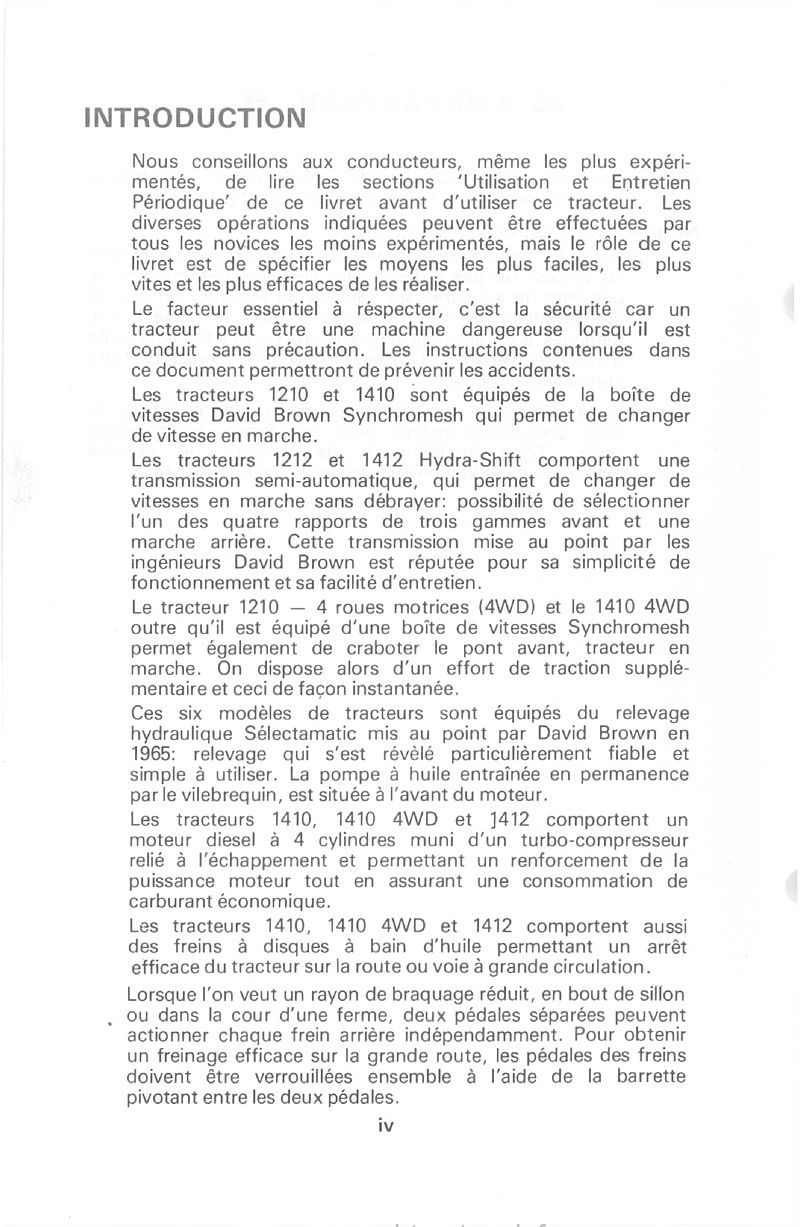 Sixième page du Livret d'instructions tracteurs david brown 1210, 1210 4WD, 1212, 1410, 1410 4WD, 1412