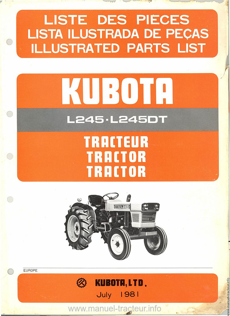Première page du Catalogue de pièces de rechange Kubota L 245 et L245DT 