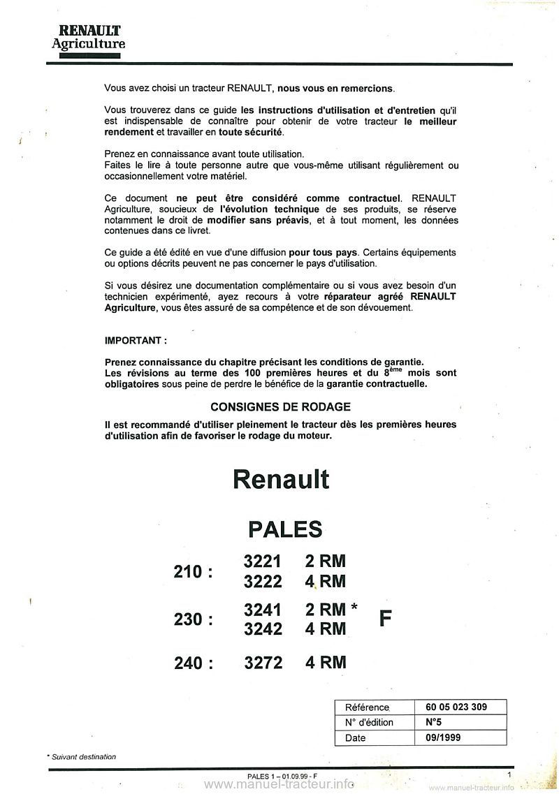 Première page du Guide d'entretien et d'utilisation pour les tracteurs Renault PALES 210 230 240