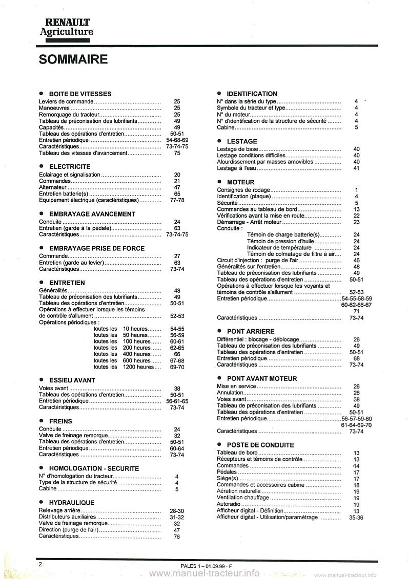 Deuxième page du Guide d'entretien et d'utilisation pour les tracteurs Renault PALES 210 230 240