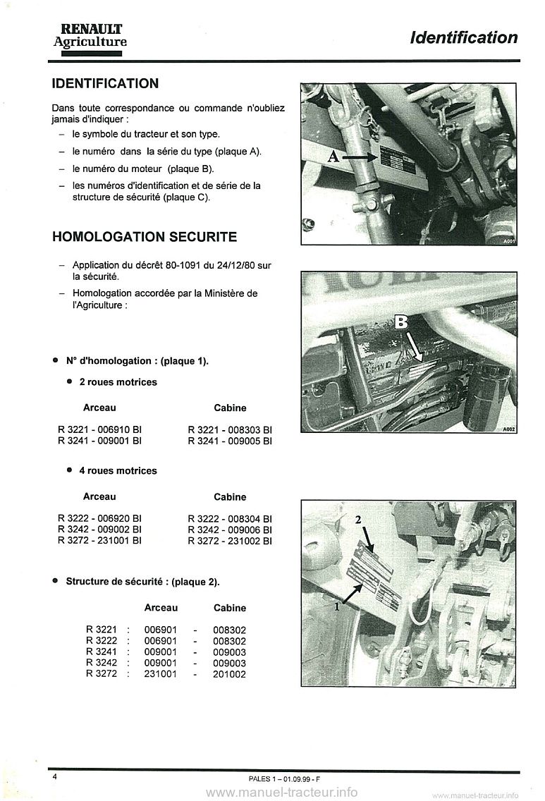 Quatrième page du Guide d'entretien et d'utilisation pour les tracteurs Renault PALES 210 230 240
