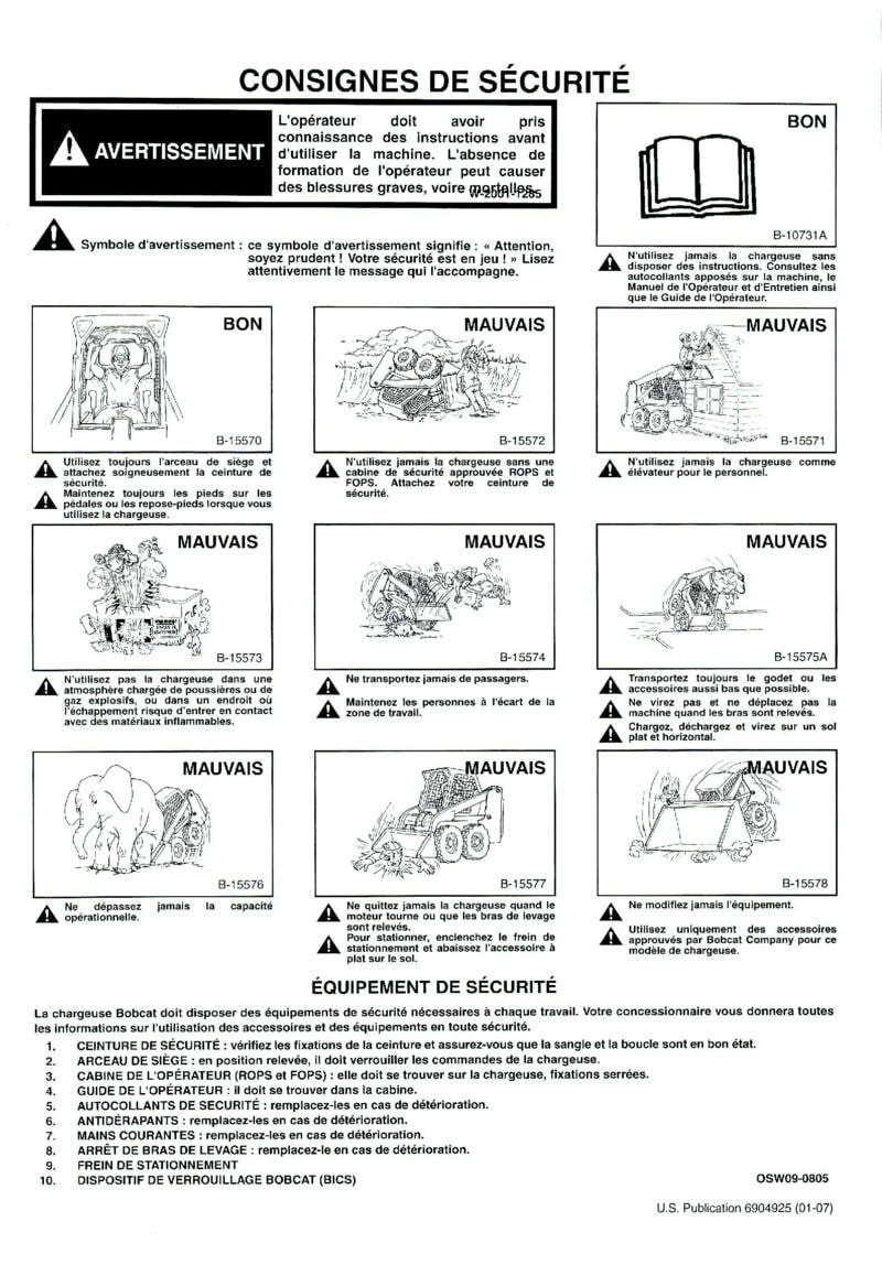 Deuxième page du Manuel opérateur et entretien Bobcat Chargeuse Compacte S100