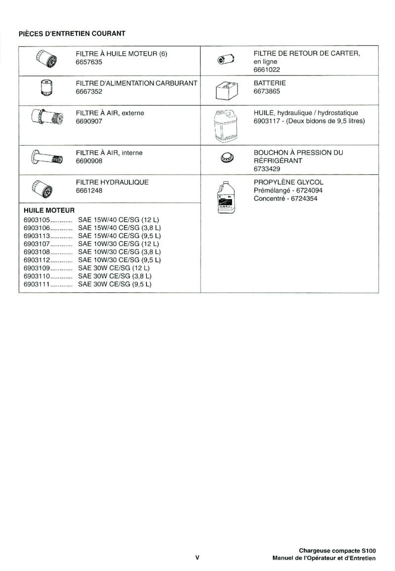 Cinquième page du Manuel opérateur et entretien Bobcat Chargeuse Compacte S100