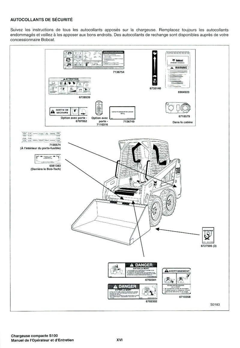 Sixième page du Manuel opérateur et entretien Bobcat Chargeuse Compacte S100