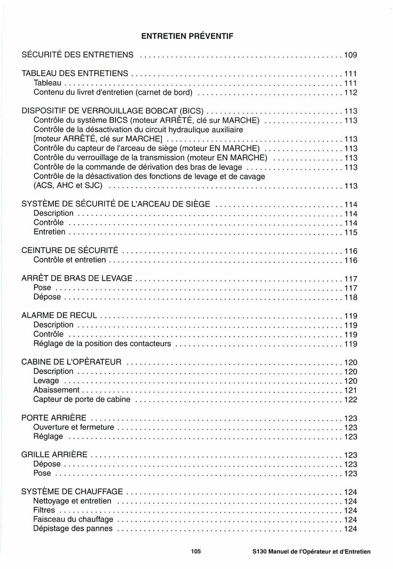 Cinquième page du Manuel opérateur et entretien Bobcat Chargeuse Compacte S130