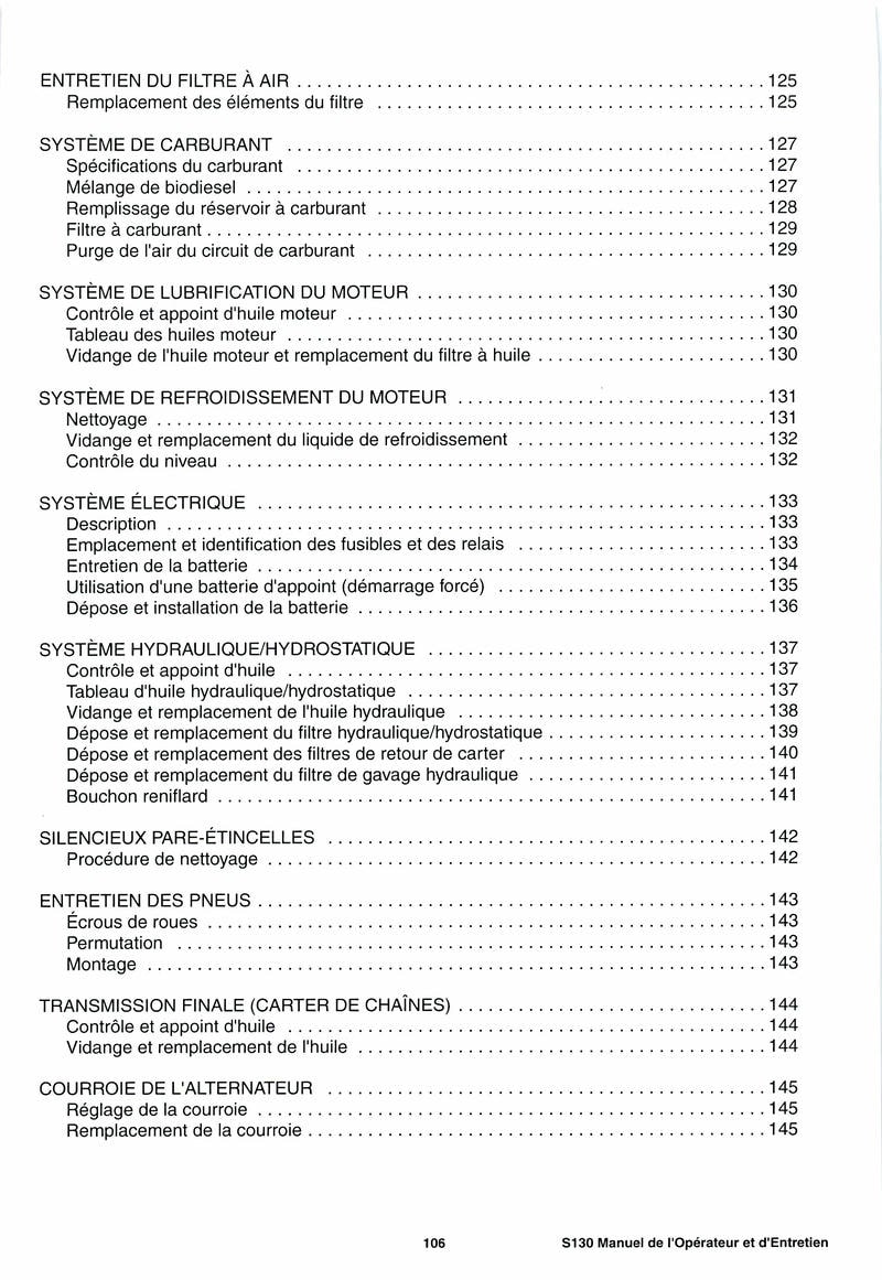 Sixième page du Manuel opérateur et entretien Bobcat Chargeuse Compacte S130