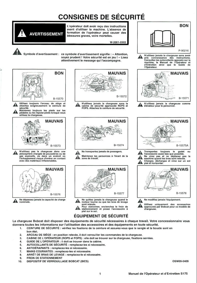 Deuxième page du Manuel opérateur et entretien Bobcat Chargeuse Compacte S175