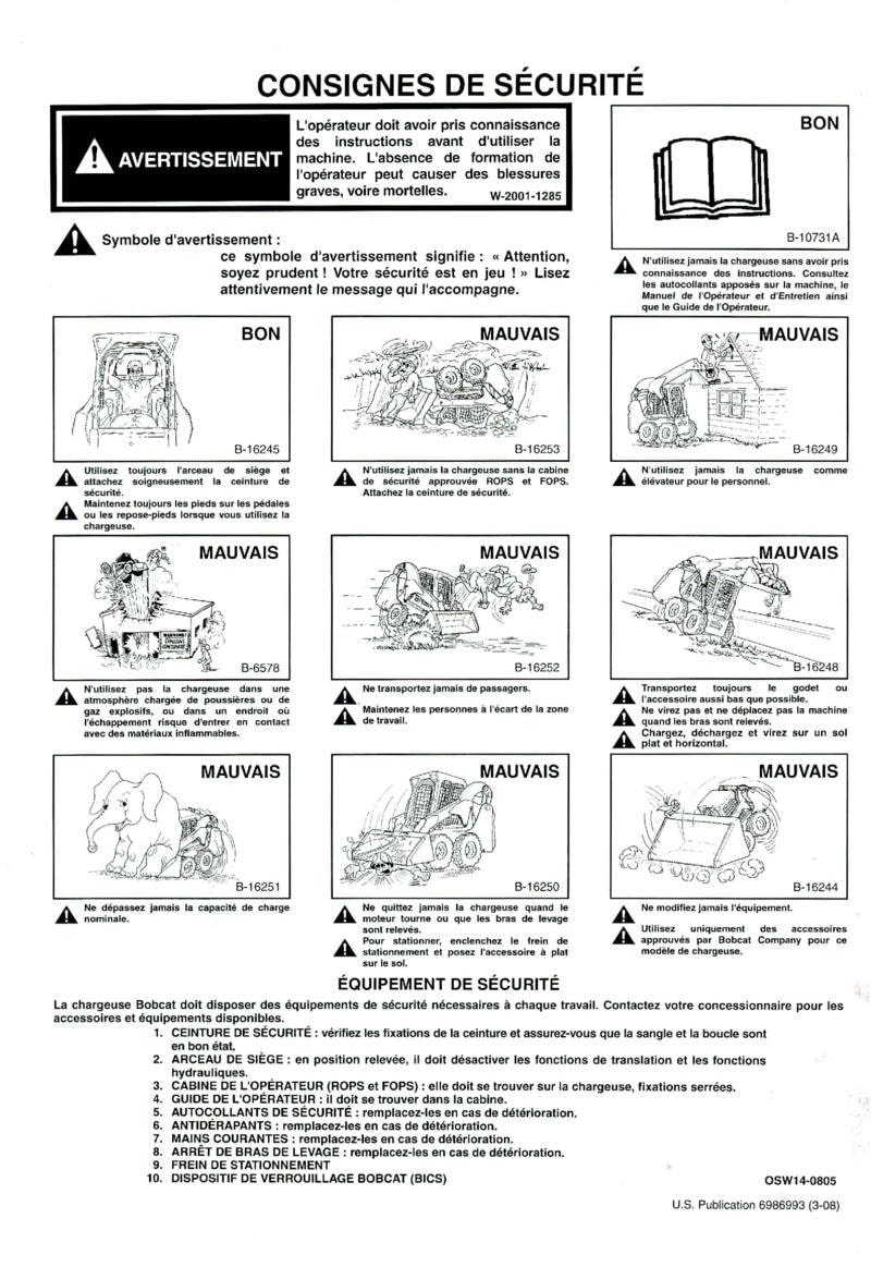 Deuxième page du Manuel opérateur et entretien Bobcat Chargeuse Compacte S300