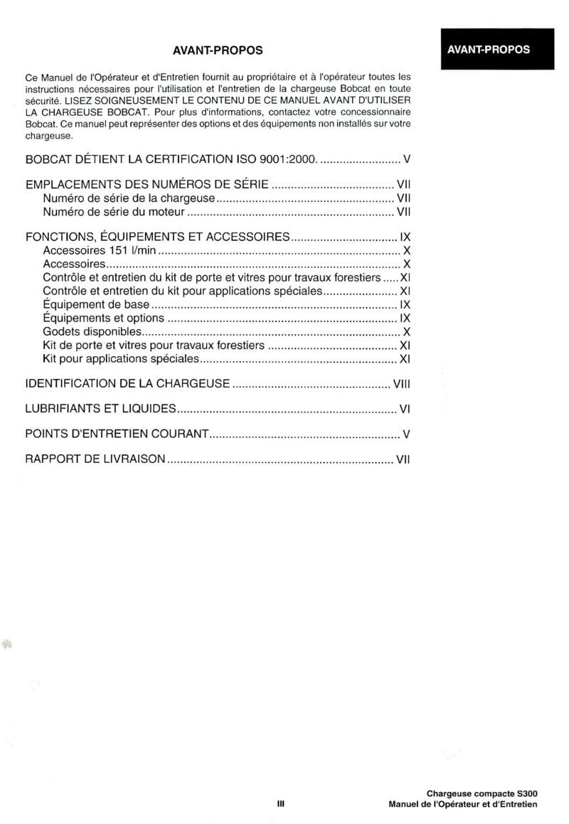 Quatrième page du Manuel opérateur et entretien Bobcat Chargeuse Compacte S300