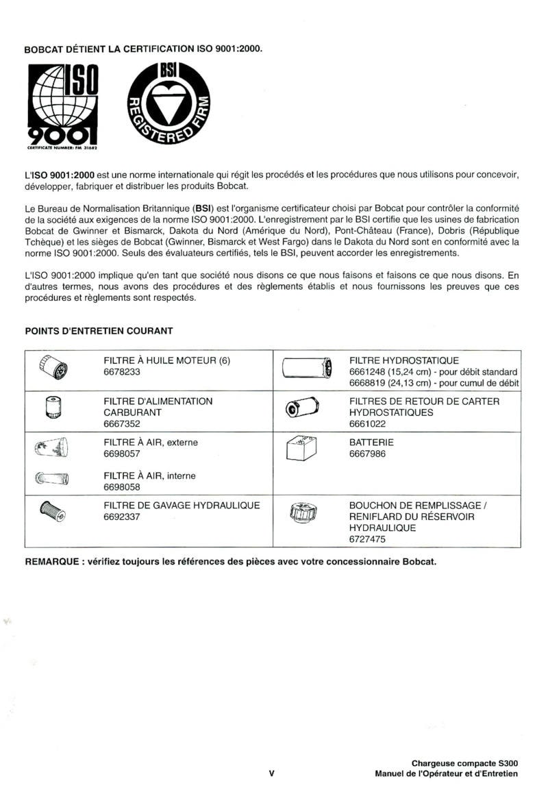 Cinquième page du Manuel opérateur et entretien Bobcat Chargeuse Compacte S300