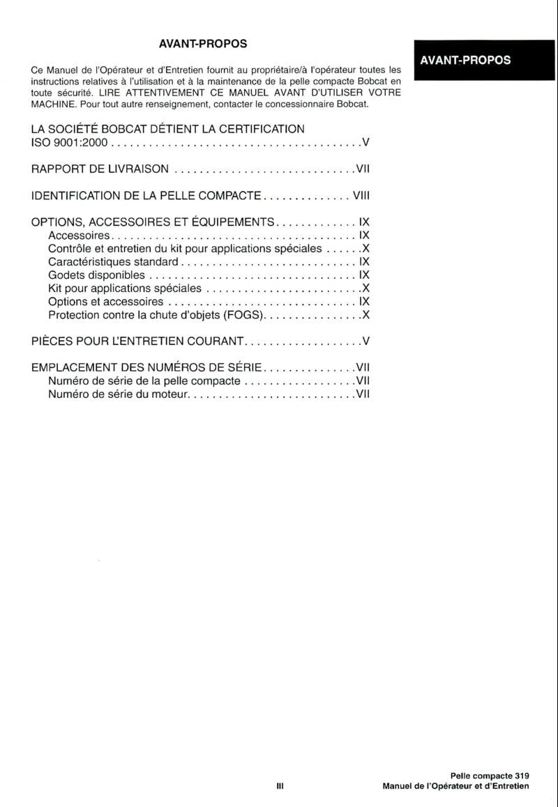 Troisième page du Manuel opérateur et entretien Bobcat pelle compacte 319