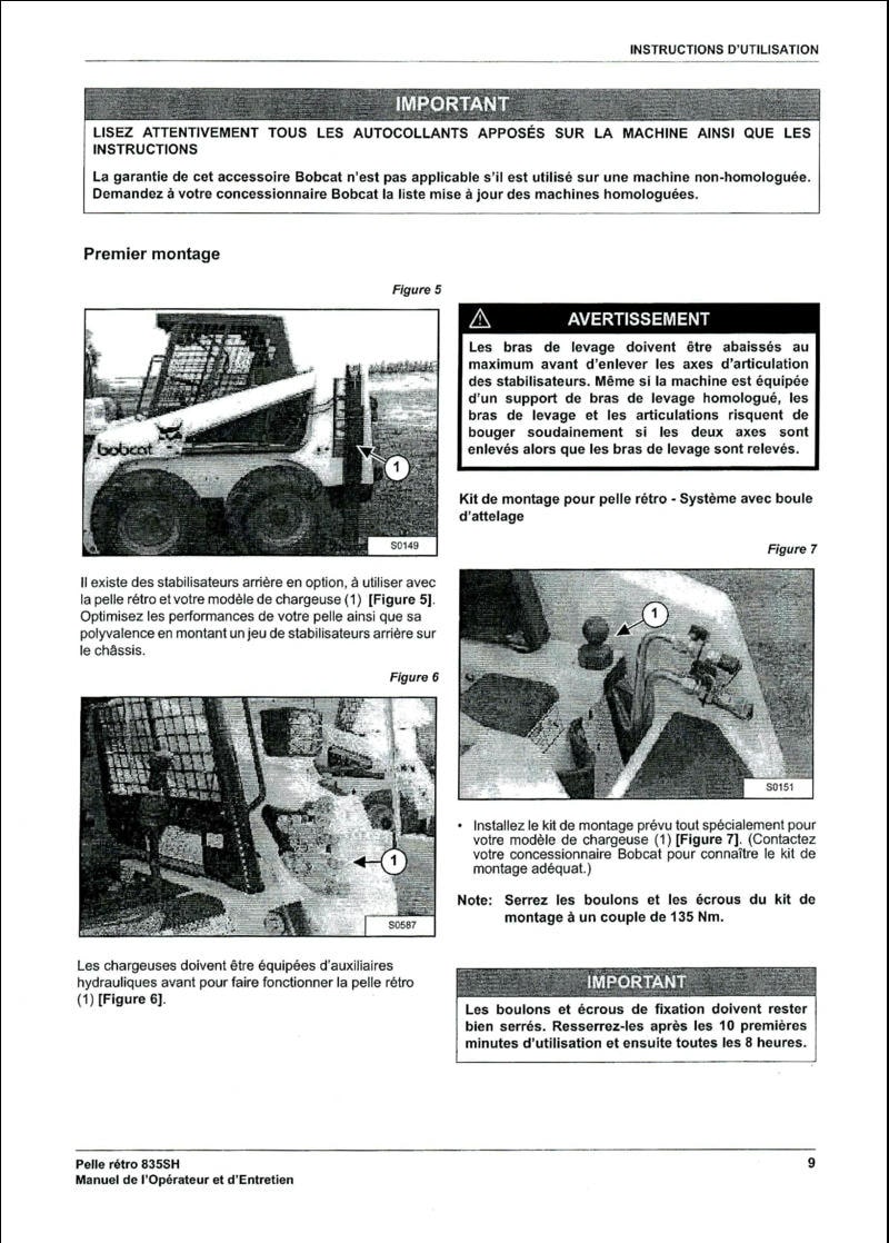 Sixième page du Manuel opérateur et entretien Pelle Retro Bobcat 835SH