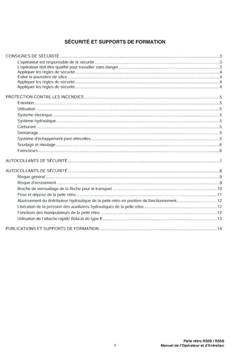 Cinquième page du Manuel opérateur et entretien Pelle Retro Bobcat R30S R35S