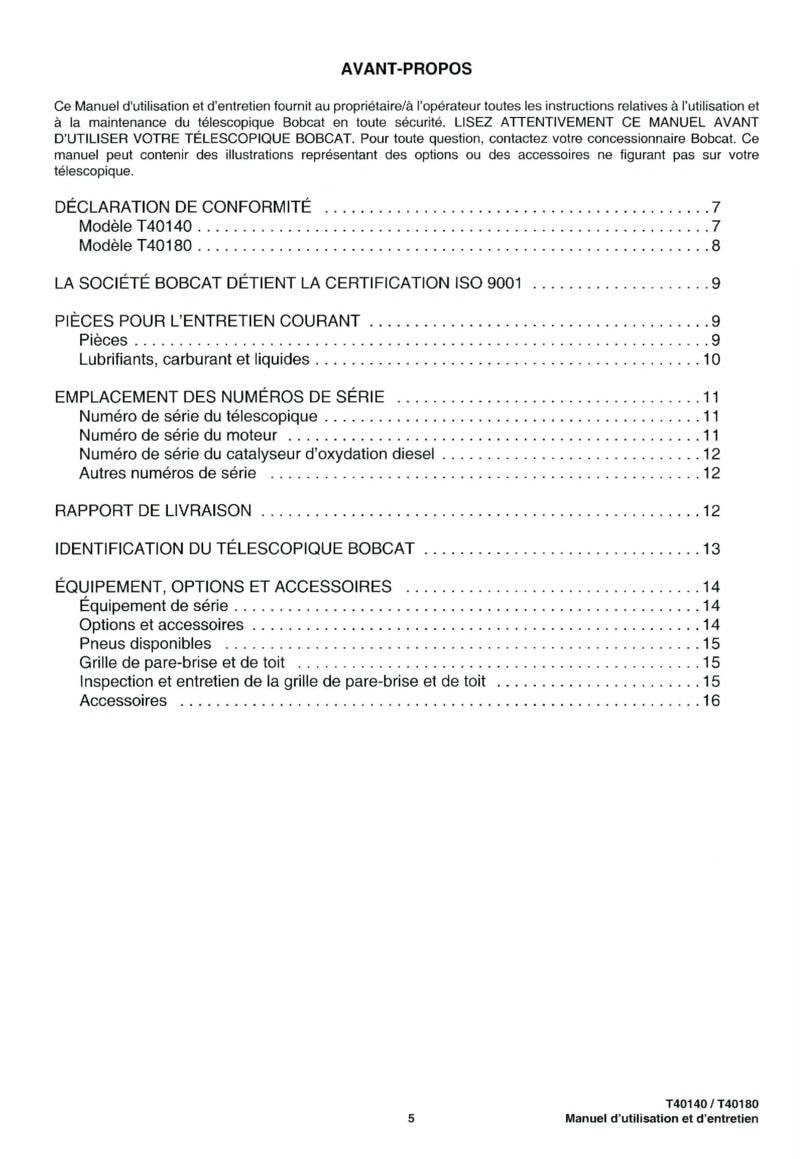 Troisième page du Manuel utilisation et entretien Bobcat Téléscopique T40140 T40180