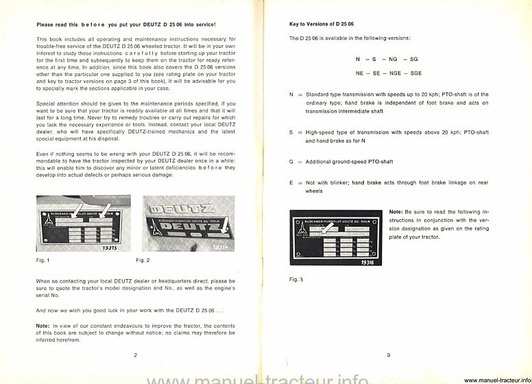 Troisième page du Instruction book DEUTZ D 2506 (Manuel instructions en anglais)