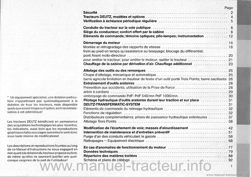 Deuxième page du Manuel instruction Deutz 6807c 7207c 7807c