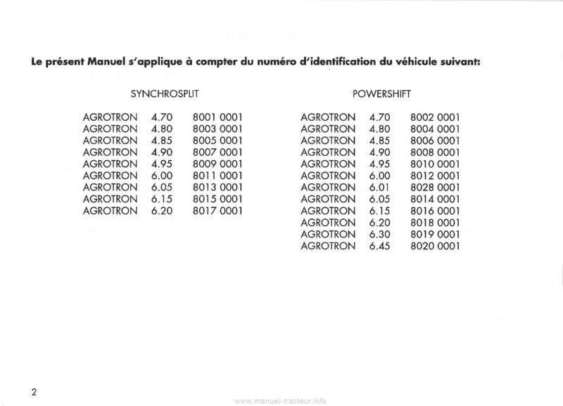 Deuxième page du Manuel instructions tracteurs Deutz AGROTRON Synchrosplit 4.70 4.80 4.85 4.90 4.95 6.00 6.05 6.15 6.20 PowerShift 6.01 6.30 6.45