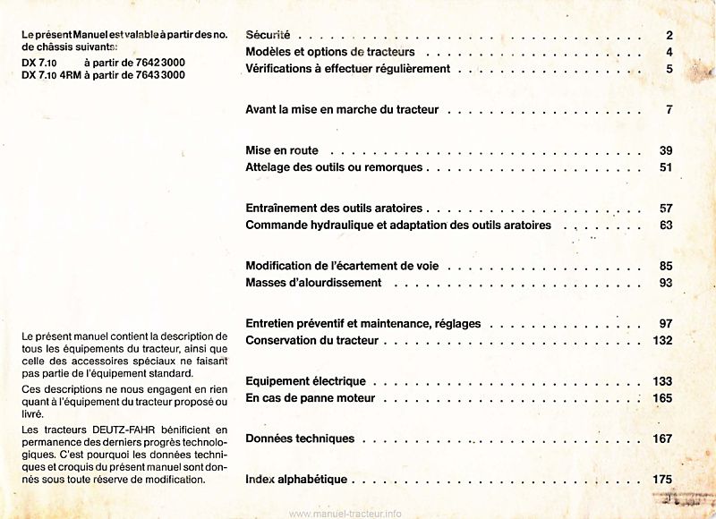 Première page du Manuel instructions tracteur Deutz DX 7.10