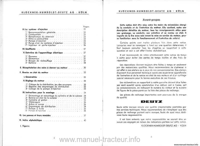 Cinquième page du Notice et Pièces Deutz F1L612