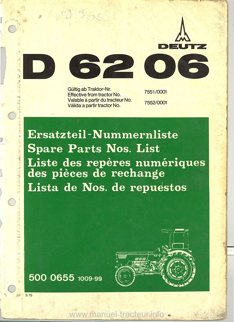 Première page du Catalogue de pièces détachées pour le tracteur Diesel D 6206 