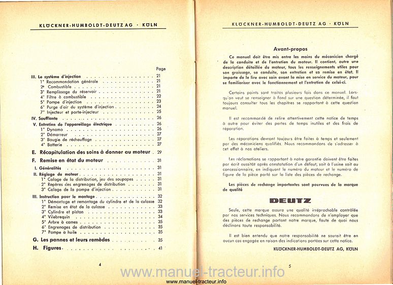Quatrième page du Manuel entretien catalogue pièces rechange moteurs DEUTZ F2L 612