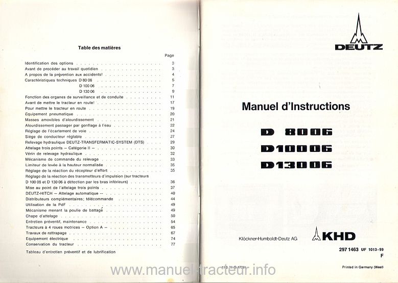 Deuxième page du Manuel Instruction DEUTZ D 8006 10006 13006