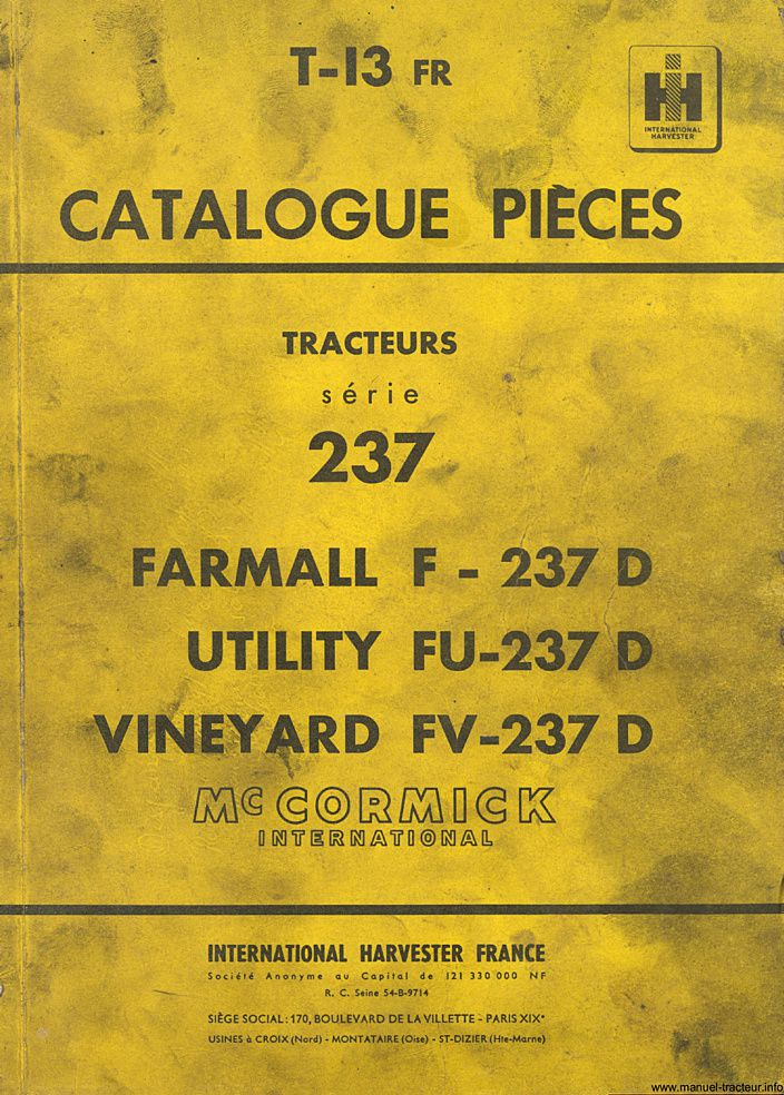 Première page du Catalogue pièces détachées IH série 237