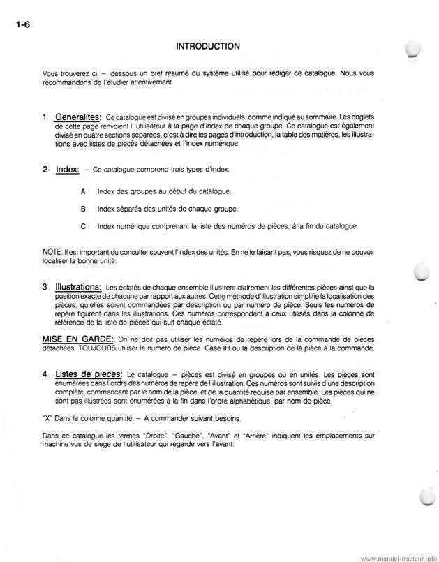 Page 2 du manuel d'atelier - Catalogue de pièces de rechange CASE IH 695XL 795XL 895XL 995XL