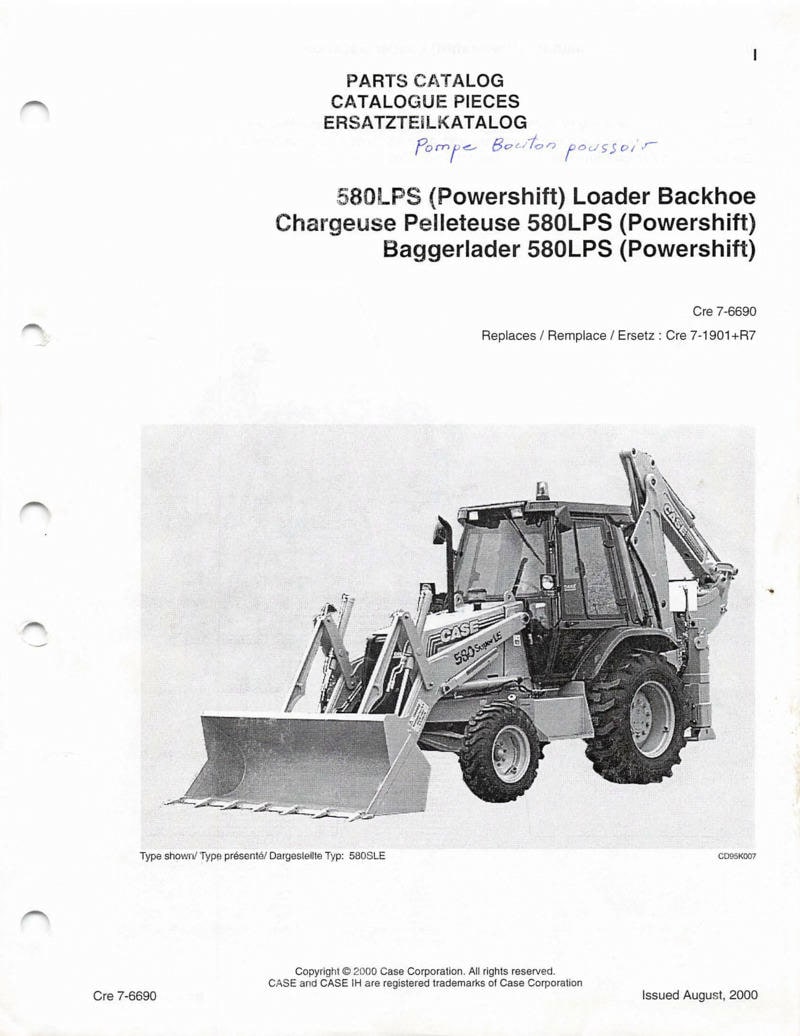 Page 1 du sommaire - Catalogue pièces détachées chargeuse pelleteuse Case 580 LPS (Powershift)