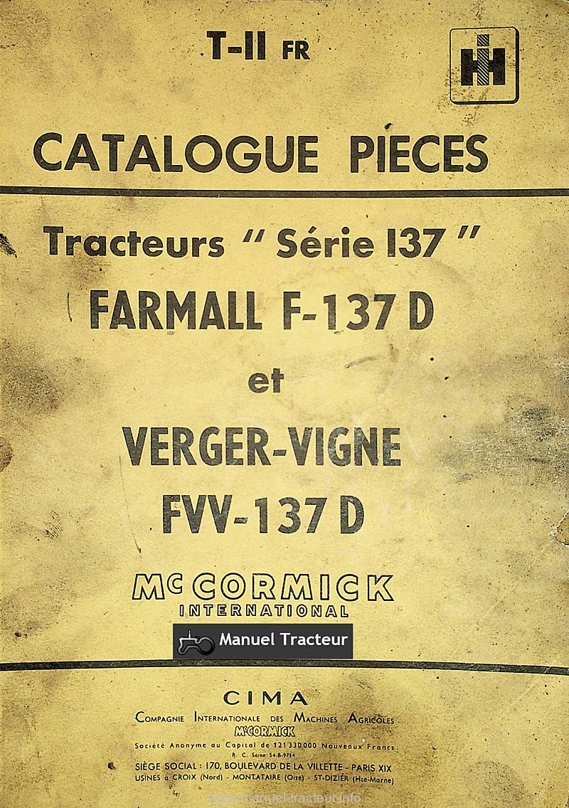 Première page du Catalogue pièces FARMALL série F-137D FVV-137D