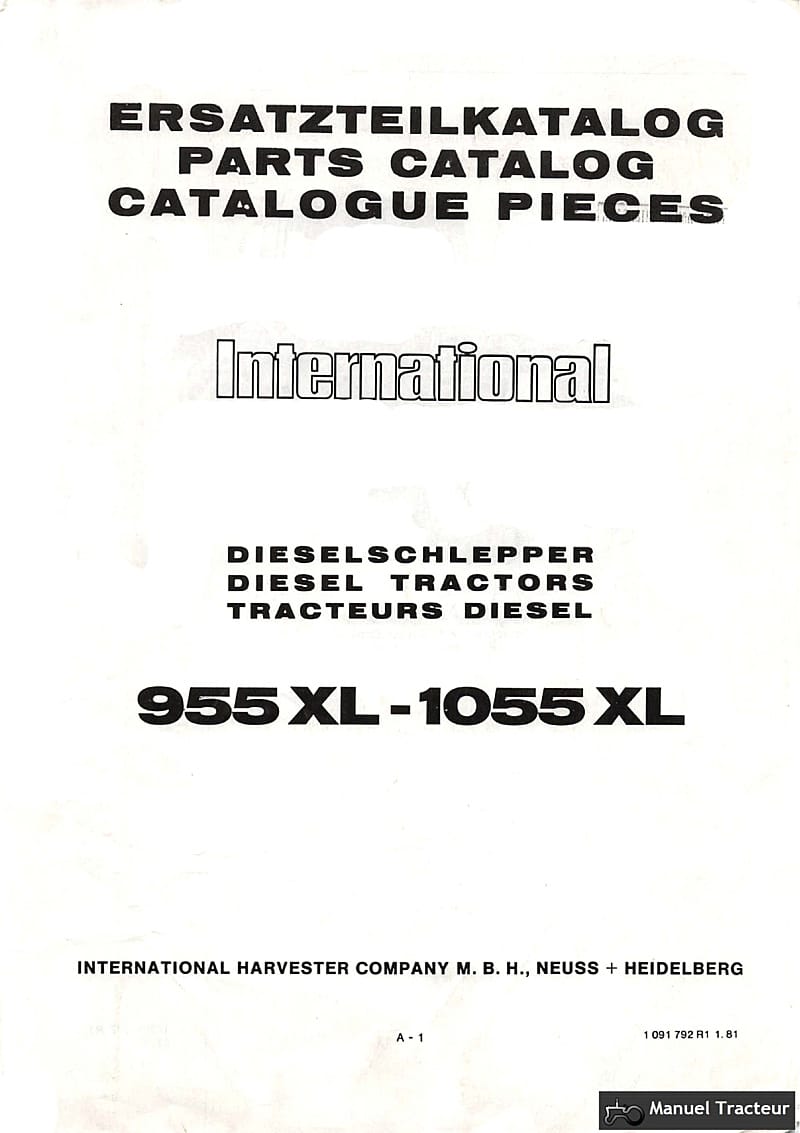 Première page du Catalogue de pièces détachées tracteurs IH 955XL 1055XL