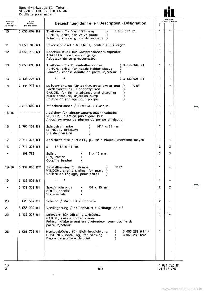 Sixième page du Catalogue de pièces détachées tracteurs IH 955XL 1055XL