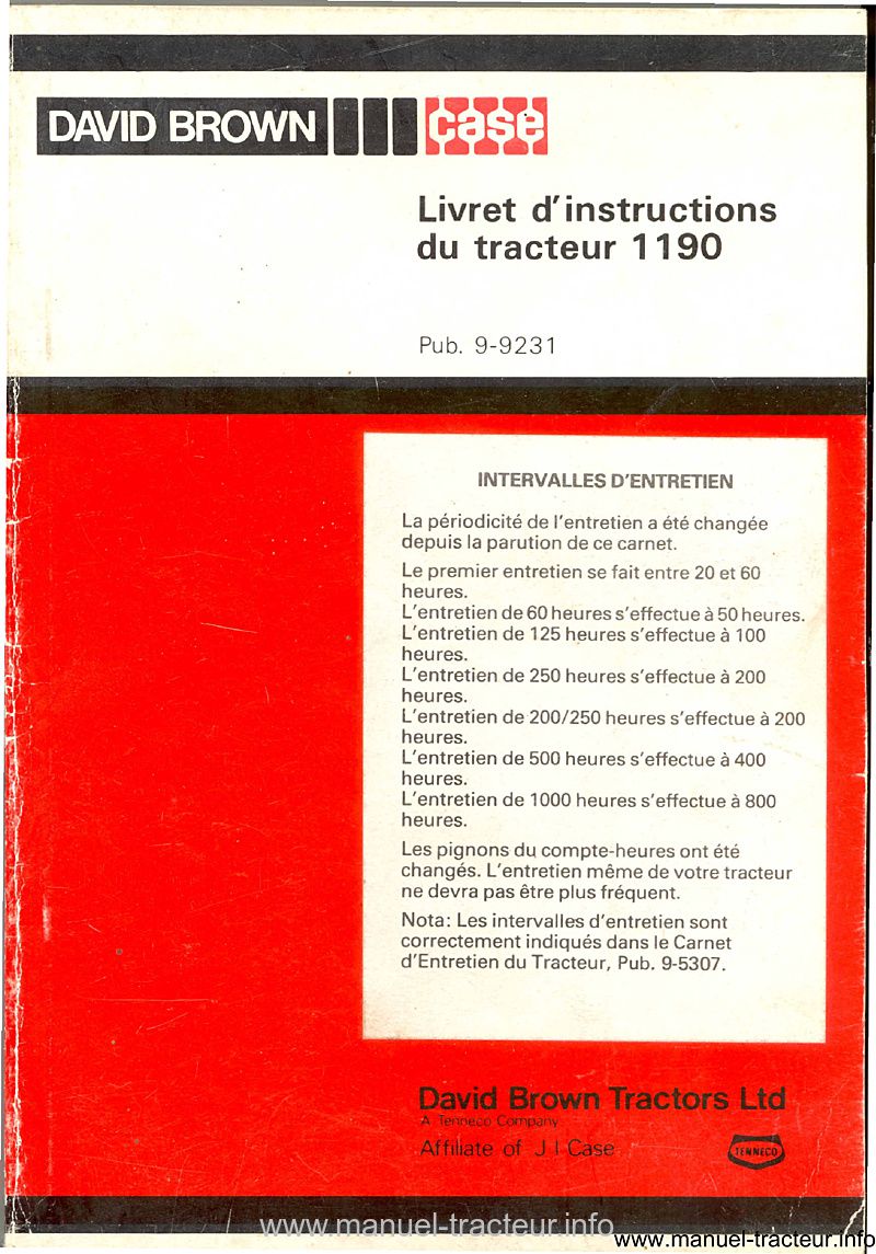 Première page du Livret instructions DAVID BROWN 1190
