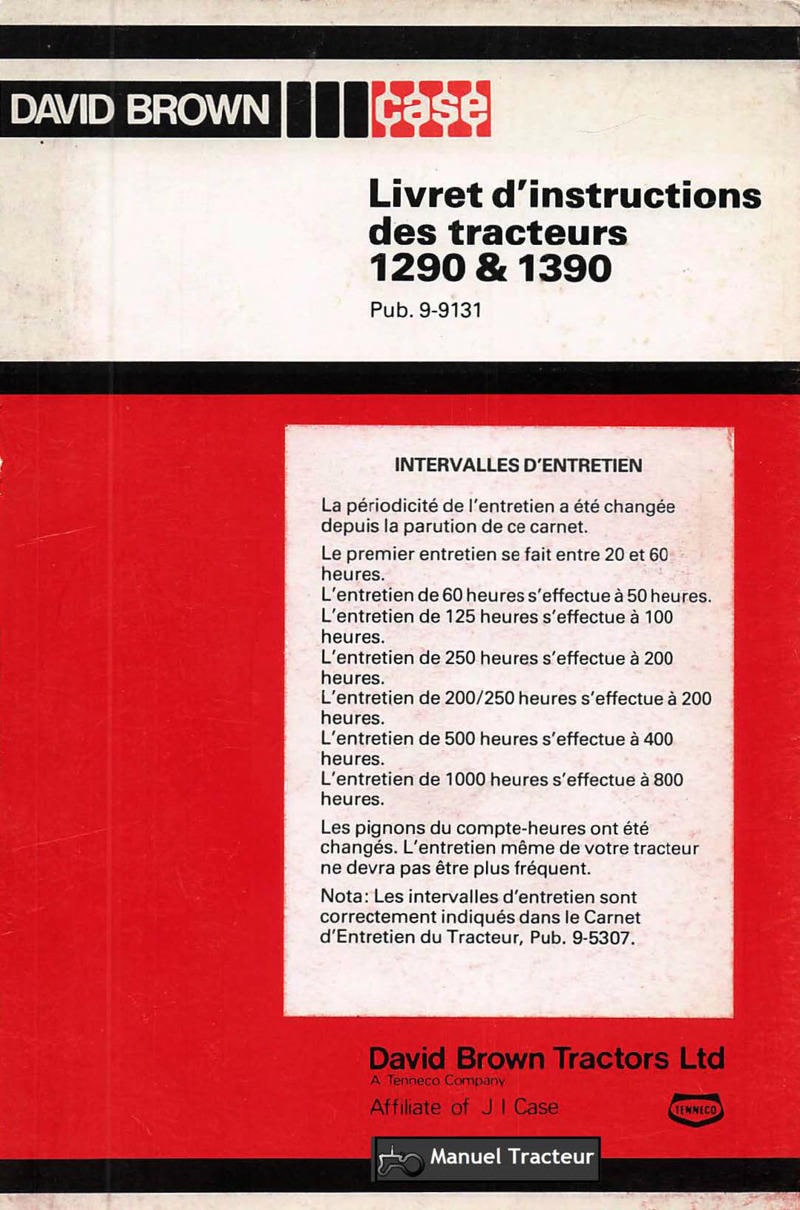 Première page du Livret instructions tracteurs David Brown Case 1290 1390