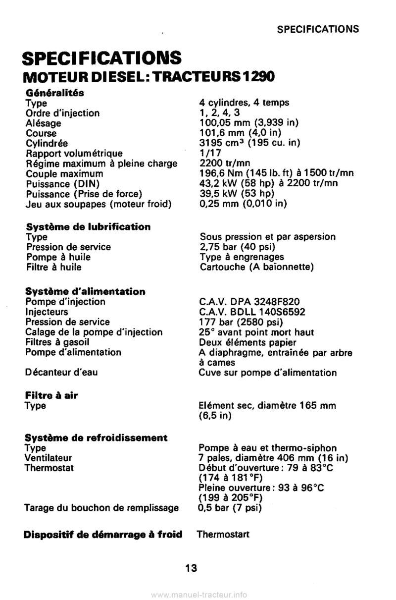 Cinquième page du Livret instructions tracteurs David Brown Case 1290 1390