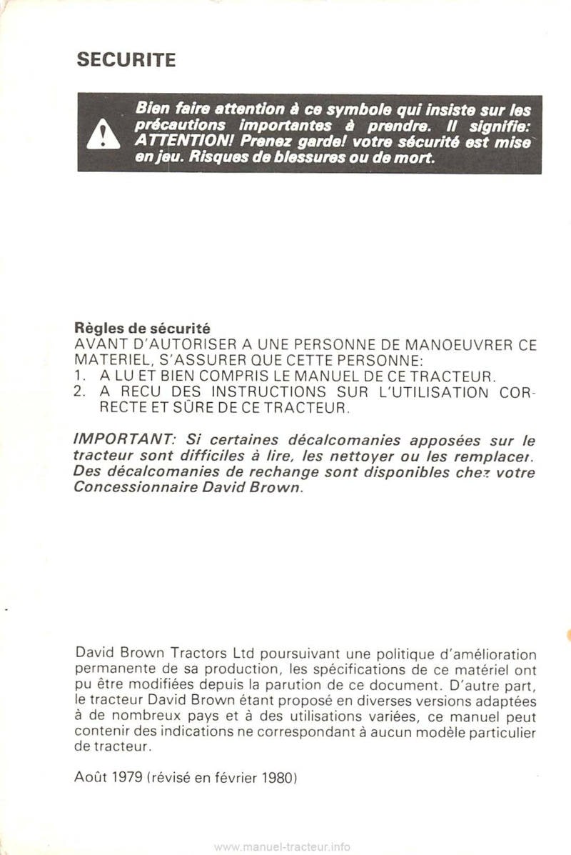 Deuxième page du Livret de l'utilisateur tracteur David Brown Case 1690