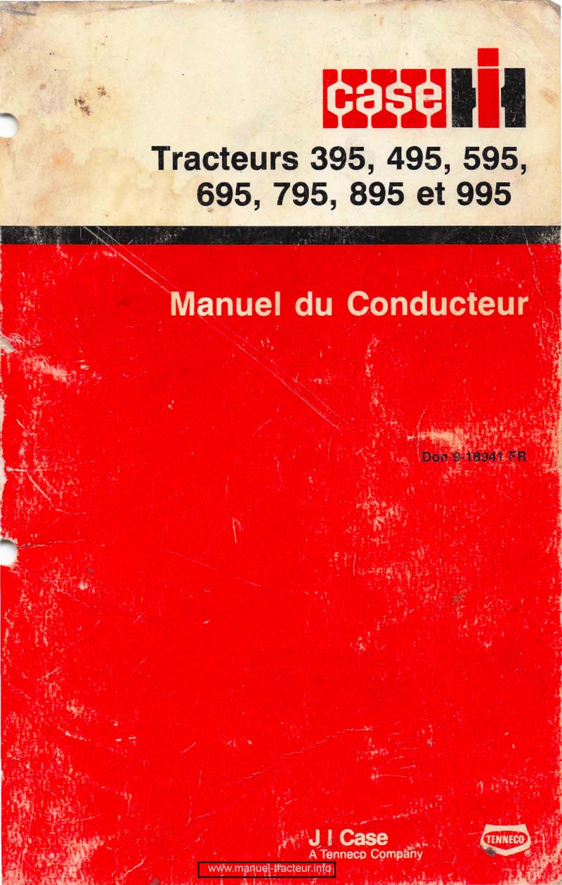 Première page du Manuel du conducteur Case tracteurs IH 395 495 595 695 795 895 995