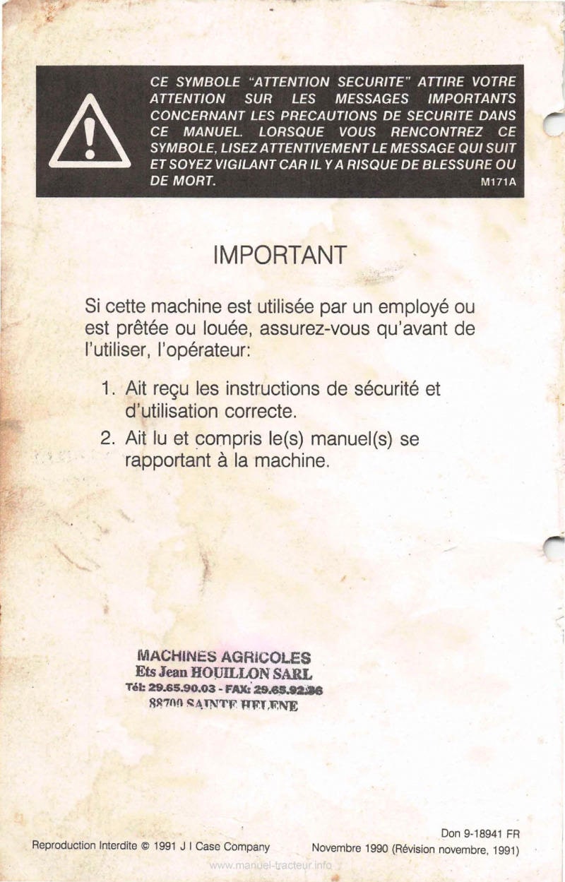Deuxième page du Manuel du conducteur Case tracteurs IH 395 495 595 695 795 895 995