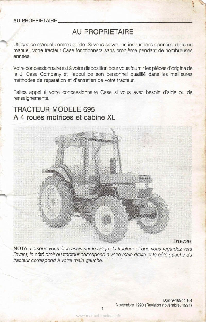 Troisième page du Manuel du conducteur Case tracteurs IH 395 495 595 695 795 895 995