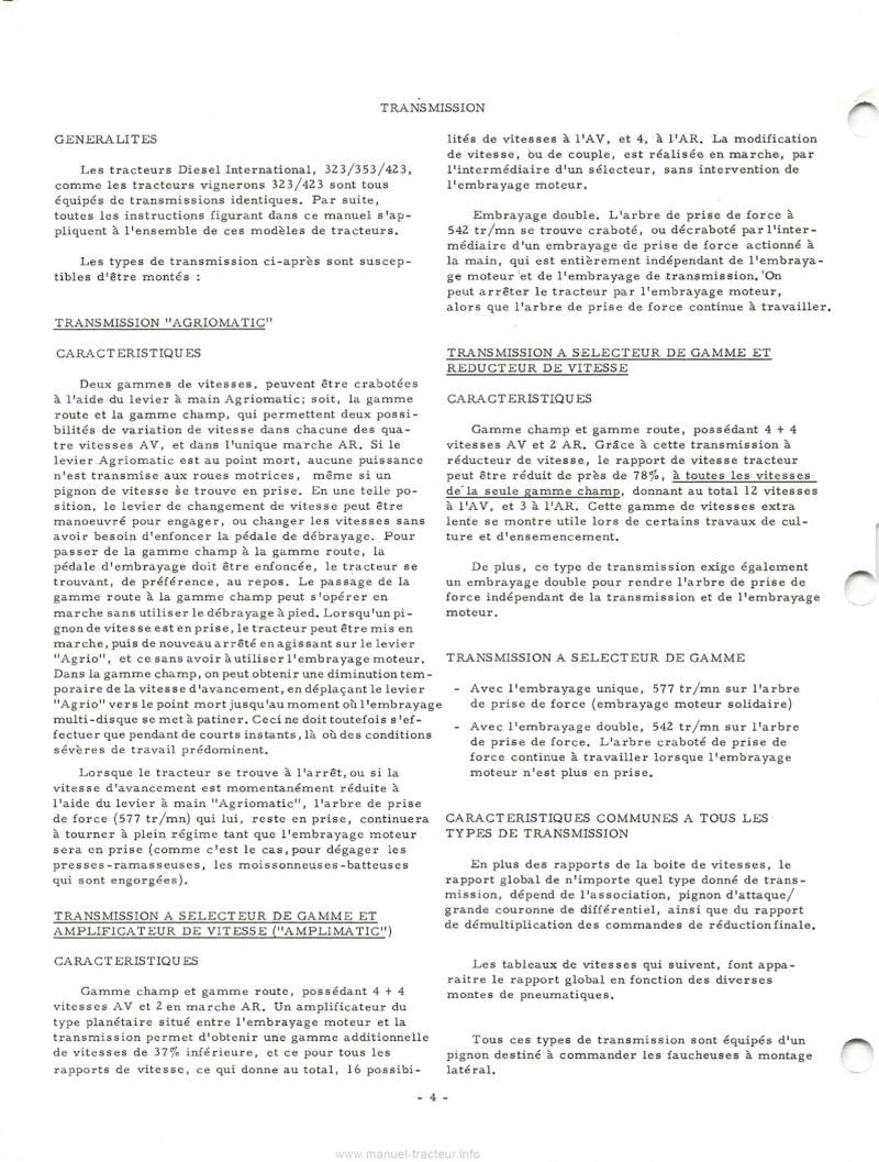 Quatrième page du Manuel service IH McCormick tracteurs 323 353 423 Transmission 