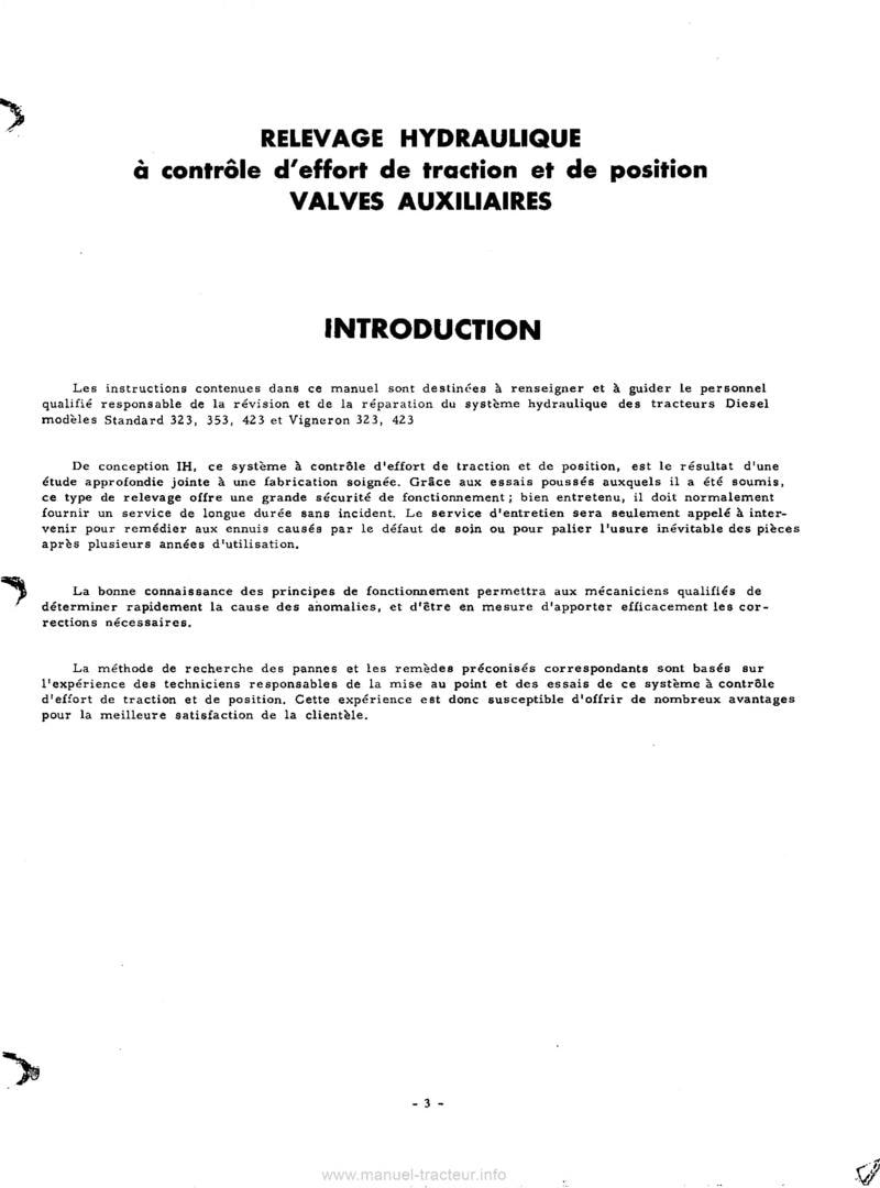 Quatrième page du Manuel de service tracteurs Mc Cormick IH 323, 353 et 423 - Relevage hydraulique